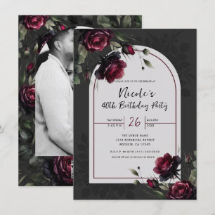 Invitation Bordeaux Red Roses Shadowy Grey Floral Anniversair