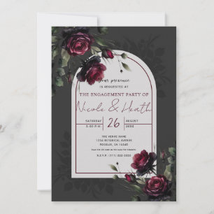 Invitation Bordeaux Red Roses Shadowy Grey Floral Fiançailles