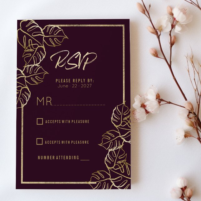 Invitation Bordeaux riche en or rouge riche floral Mariage RS (Bordeaux deep rich red gold floral Wedding RSVP)