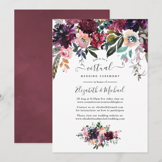 Invitation Bordeaux Vin Floral Mariage virtuel en ligne (Devant / Derrière)