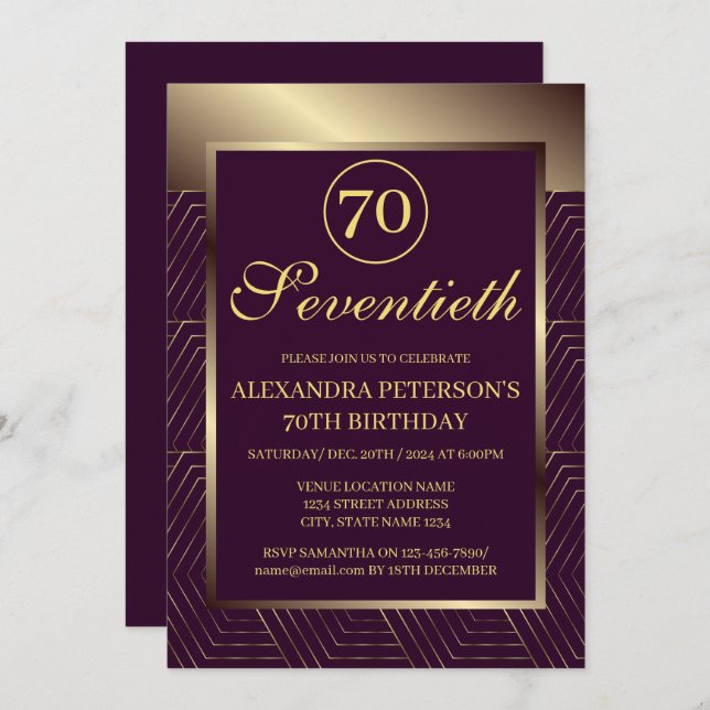Invitation Bordeaux Violet Et Or Motif Bordure Anniversaire (Devant / Derrière)