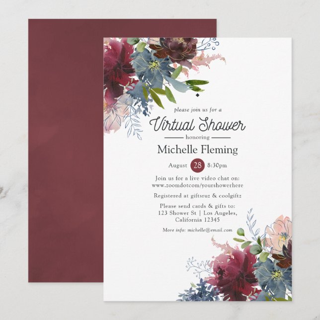 Invitation Bordo et Navy Floral Fête Virtuelle de Mariage (Devant / Derrière)