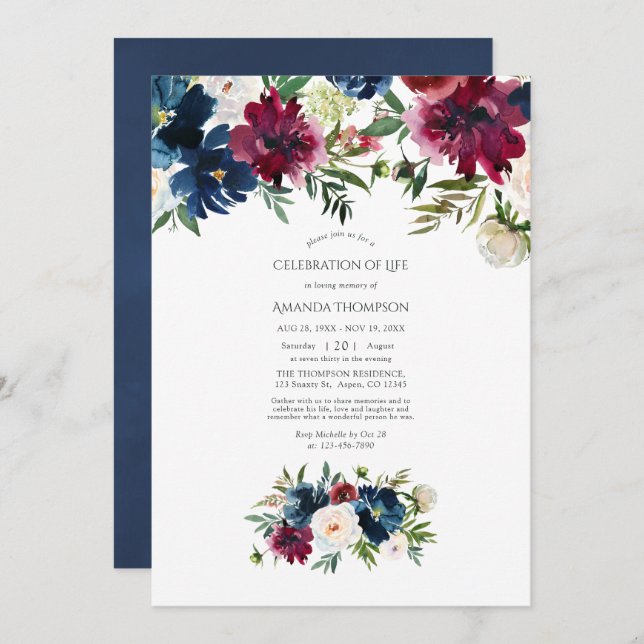 Invitation Bordo & Marine Aquarelle Florale Célébration de la (Devant / Derrière)