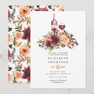 Invitation Bordo Peach Floral Wine Dégustation Enterrement de
