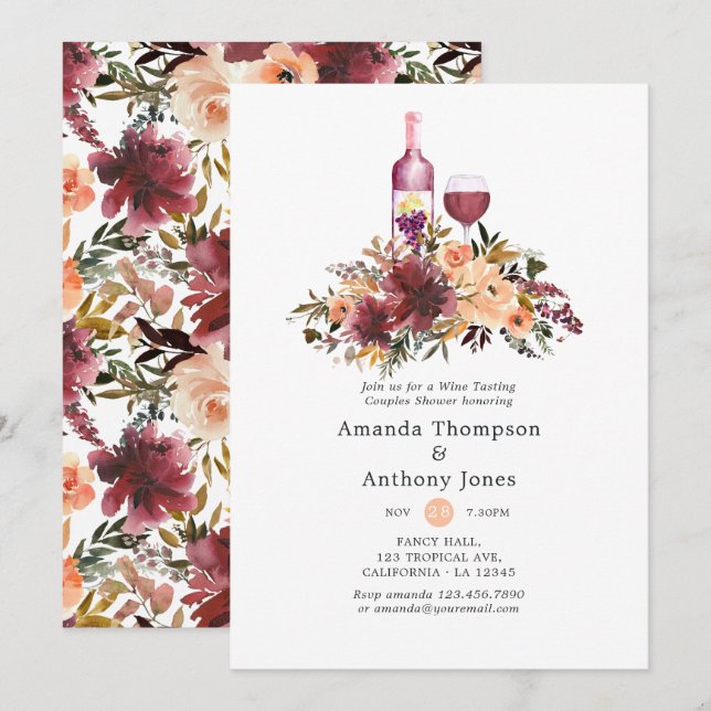 Invitation Bordo Peach Vin Dégustation Couples Douche (Devant / Derrière)