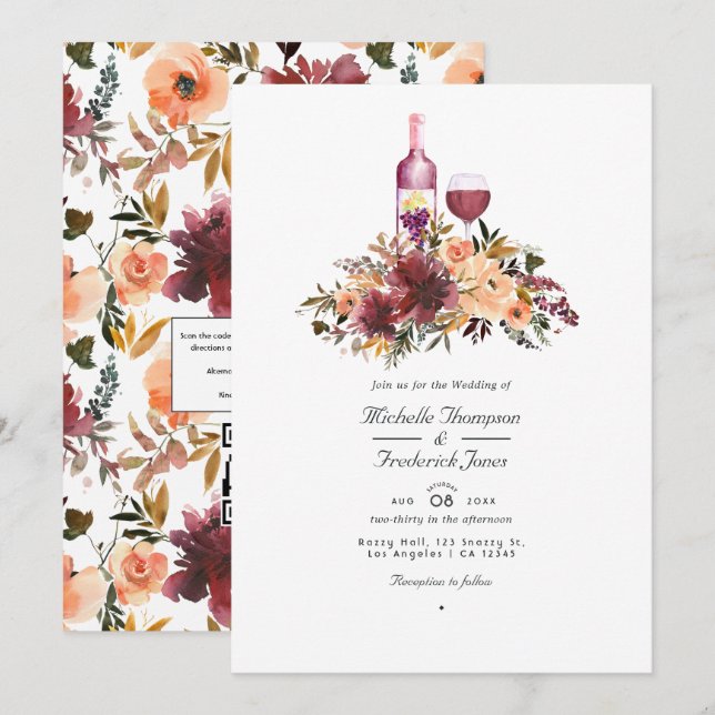 Invitation Bordo Pêcher Floral Vin Dégustation Mariage Photo  (Devant / Derrière)