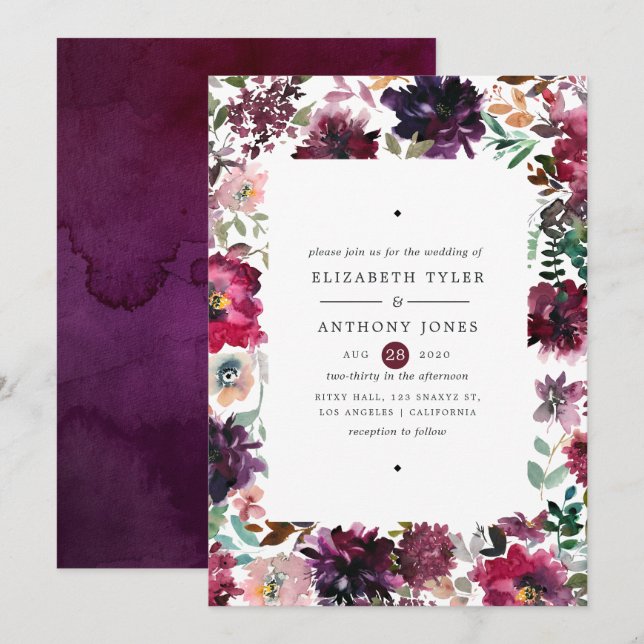 Invitation Bordo Violet Plum Aquarelle Mariage Floral (Devant / Derrière)
