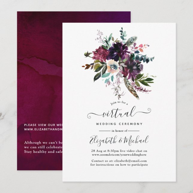 Invitation Bordo Violet Plum Floral Mariage virtuel en ligne (Devant / Derrière)