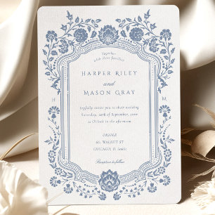 Invitation Bordure baroque florale bleue peinte à la main