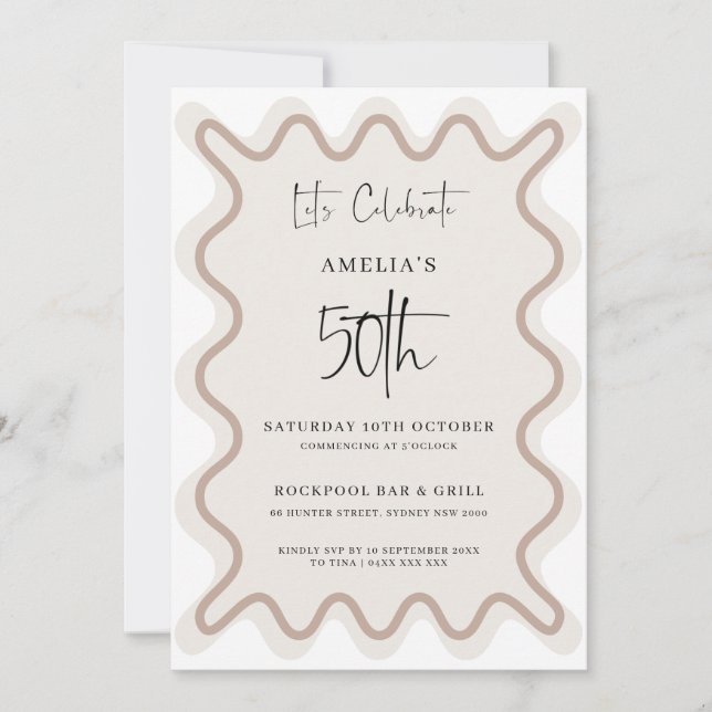 Invitation Bordure blanche beige Vague 50e anniversaire Invit (Devant)