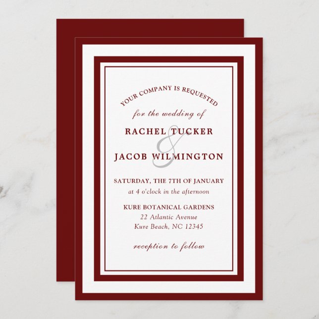 Invitation Bordure blanche rouge bordeaux moderne Mariage sim (Devant / Derrière)