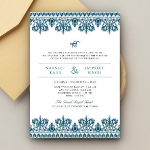 Invitation Bordure bleu Damas Anand Karaj Sikh Mariage