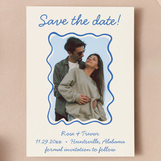 Invitation Bordure bleue Tirée main vague Enregistrer la date