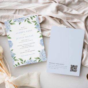 Invitation Bordure Blue Hydrangea, QR Code sur le dos, Mariag