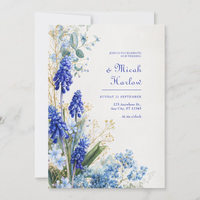Invitation Bordure botanique à l'aquarelle Muscari bleu de co (Devant)