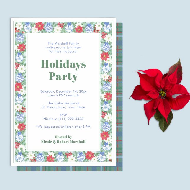 Invitation Bordure botanique Bleu Blanc Rouge Fête des Fêtes (Blue White and Red Watercolor Chintz Grandmillenial Holidays Party Invitation)