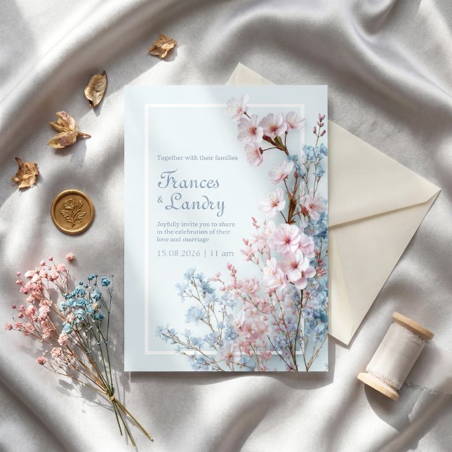 Invitation Bordure botanique romantique pastel bleu de cerisi (Créateur téléchargé)