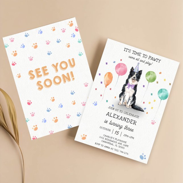 Invitation Bordure Collie Pawty Chien Chien Chien Chiot Anniv (Créateur téléchargé)