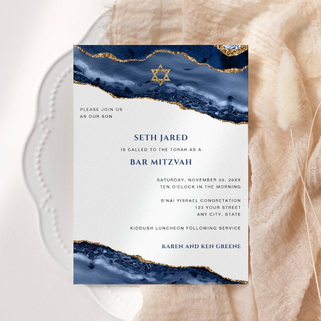 Invitation Bordure d'Agate Bar Mitzvah, Bleu et Or (Créateur téléchargé)