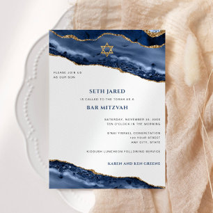 Invitation Bordure d'Agate Bleu et Or, Bar Mitzvah