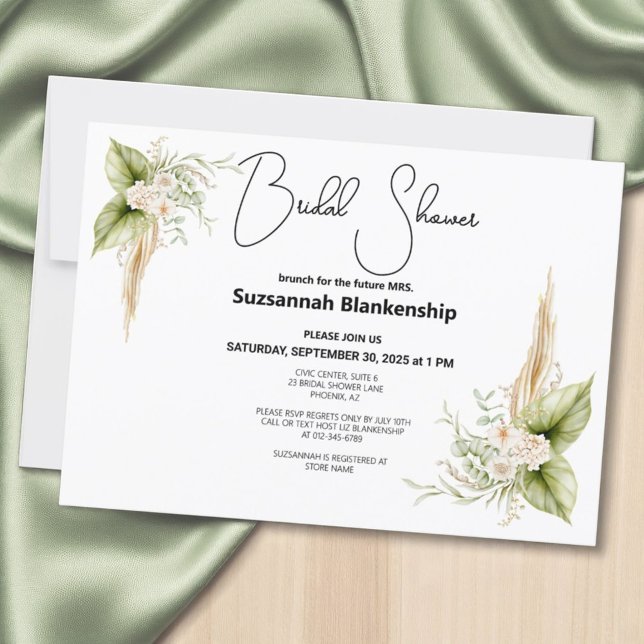 Invitation Bordure de coin floral Mariage élégant et stylé (Bridal shower template invitation front has a solid white back)