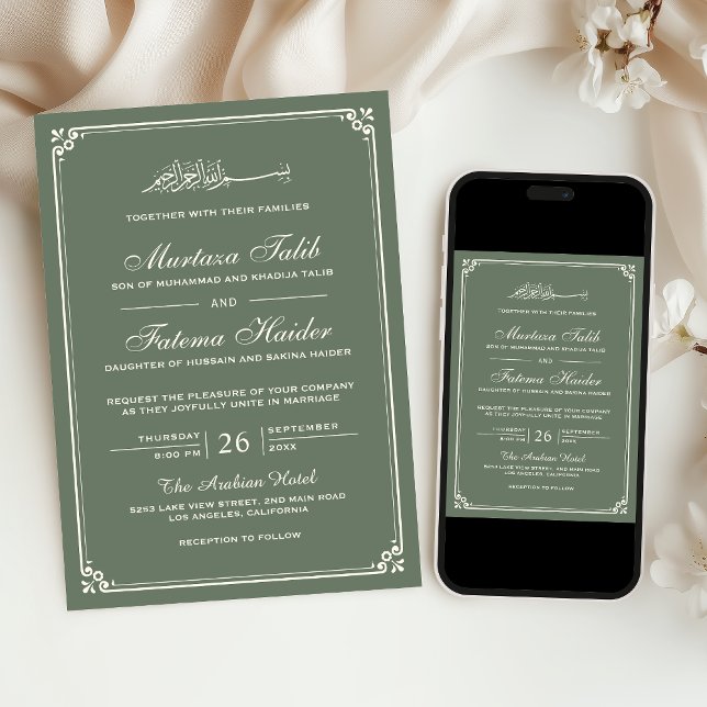 Invitation Bordure de crème vert sauge pour mariage musulman (Créateur téléchargé)