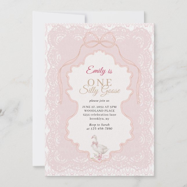 Invitation Bordure de dentelle minimale Un oie idiote 1er ann (Devant)