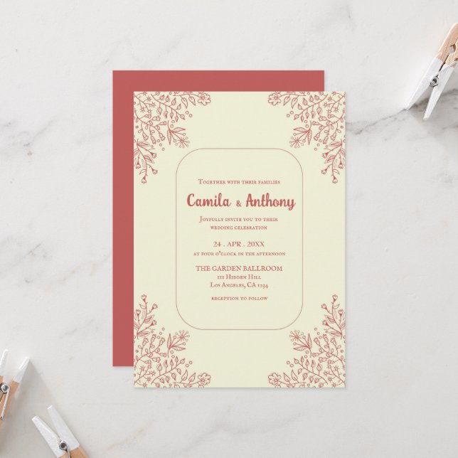 Invitation Bordure de Fleur de Coin Rouge Beige Boho Mariage  (Devant/Arrière en situation)