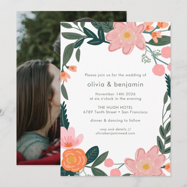 Invitation Bordure de fleurs de jardin rose et vert pour mari (Devant / Derrière)