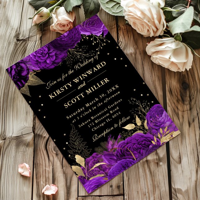 Invitation Bordure de fleurs de roses violettes et dorées pou (Créateur téléchargé)