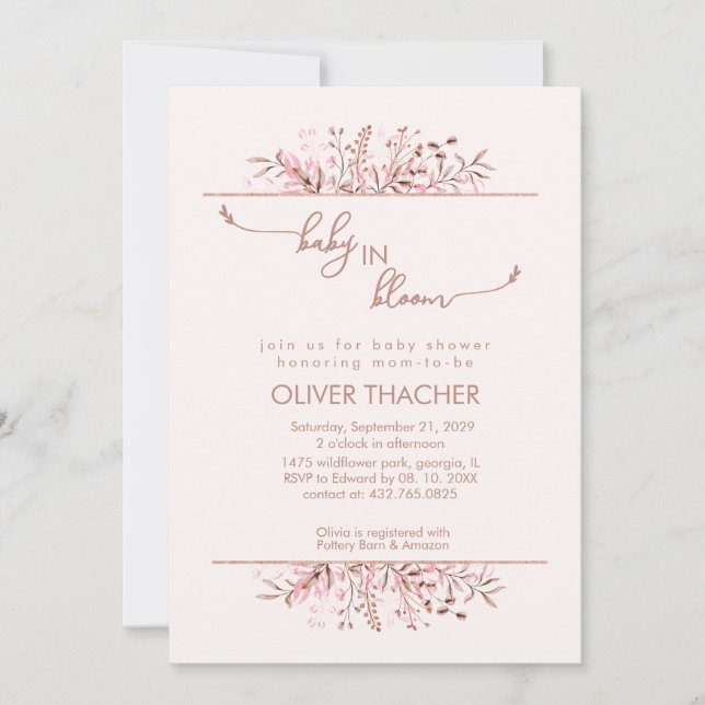 Invitation Bordure de fleurs sauvages roses Bébé en fleurs Ba (Devant)