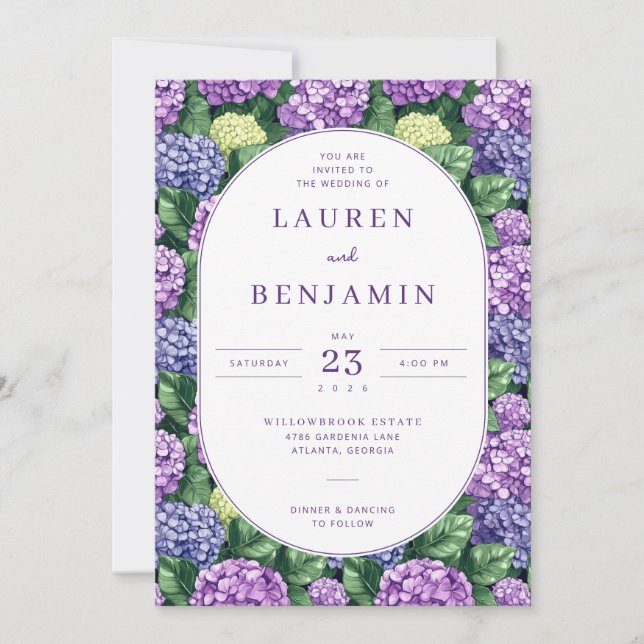 Invitation Bordure de Hortensia Floral Pourpre Romantique (Devant)