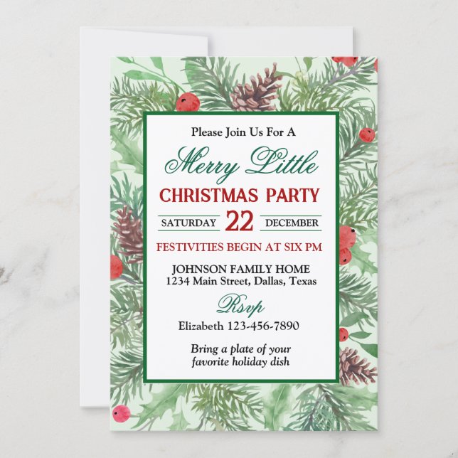 Invitation Bordure de houx vert et rouge pour fête de Noël (Devant)
