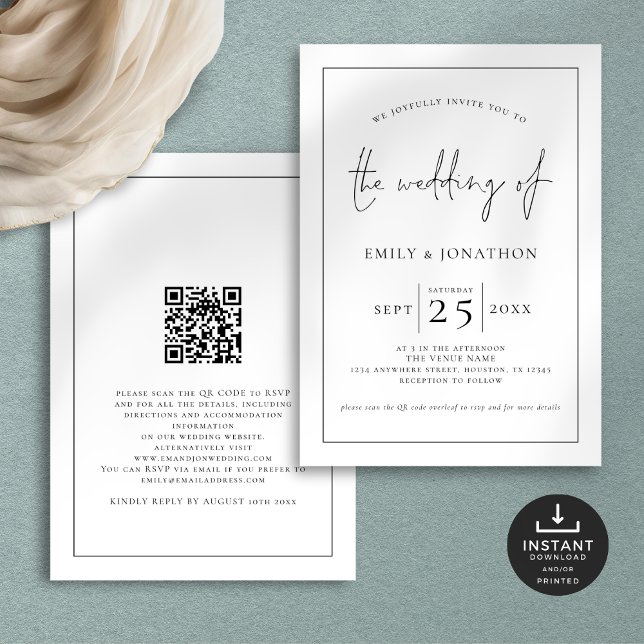 Invitation Bordure de ligne de script élégant QR Mariage noir (Front and back view)