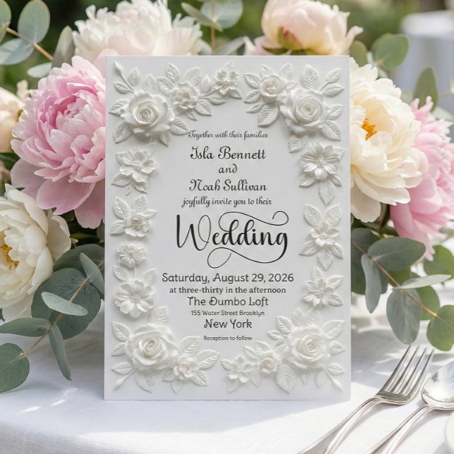 Invitation Bordure de mariage florale Rose blanche en relief  (Créateur téléchargé)