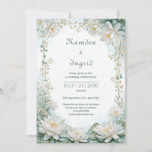 Invitation Bordure de mariage Nymphéa bleu-vert givré