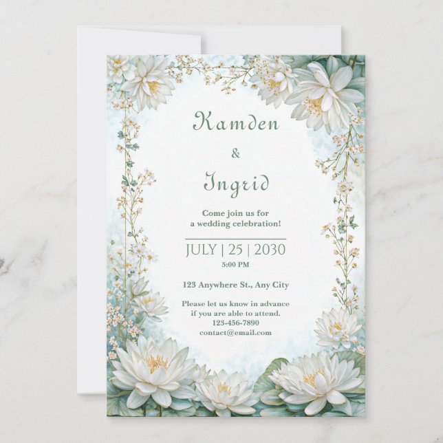 Invitation Bordure de mariage Nymphéa bleu-vert givré (Devant)