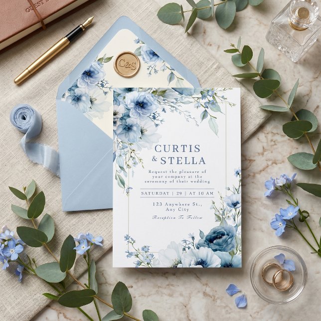 Invitation Bordure de mariage Rose Bleue Aquarelle Indigo Pro (Créateur téléchargé)