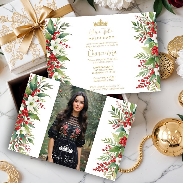 Invitation Bordure de Noël XVs Holly Sweet Floral Espagnol (Christmas Border Inspirations Holly Sweet Floral Spanish Photo Mis XV Invitations Cards. )