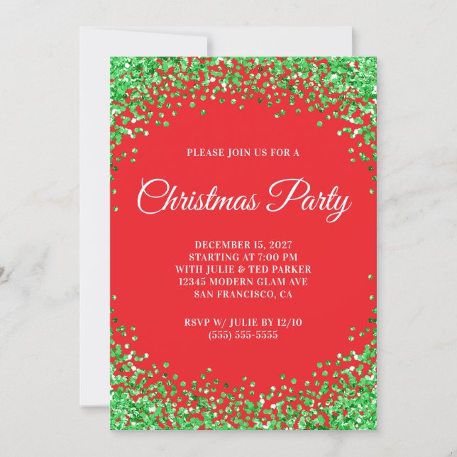 Invitation Bordure de paillettes vertes Fête de Noël rouge (Devant)