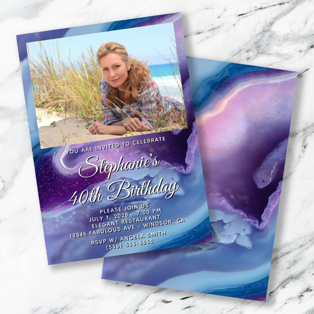 Invitation Bordure de photo de géode d'agate violette bleue p (Blue Purple Agate Geode Photo Border 40th Birthday Invitation)