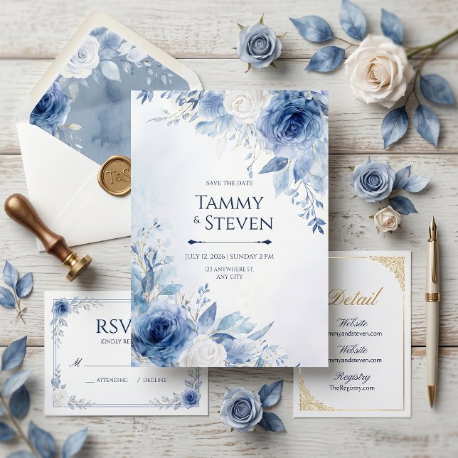 Invitation Bordure de rose à l'aquarelle Veine d'or Indigo Ma (Créateur téléchargé)