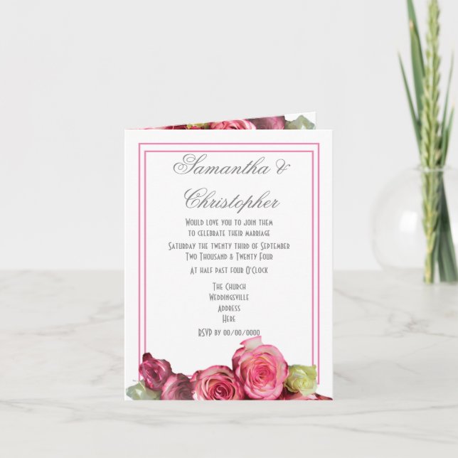 Invitation Bordure de rose rose mariage floral (Devant)