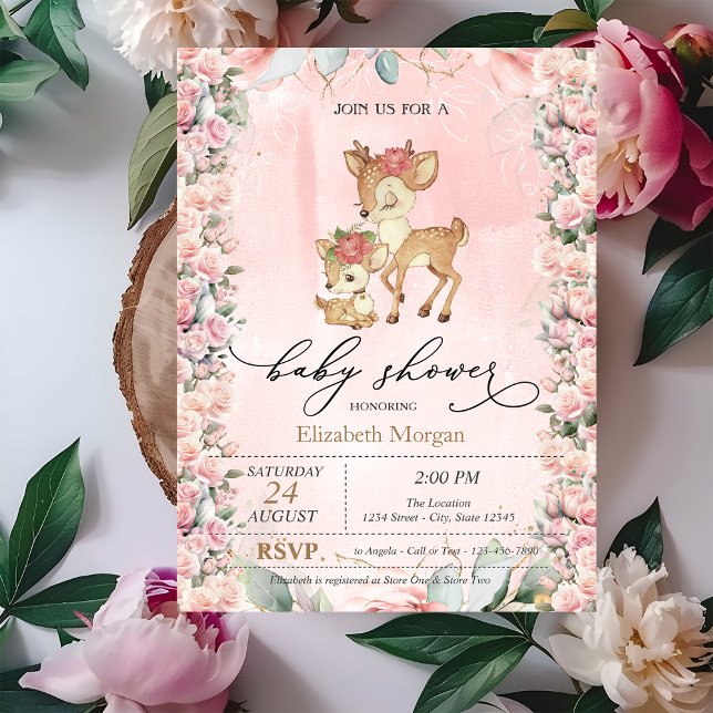 Invitation Bordure de roses de bébé faon mignon Shower de béb (Créateur téléchargé)