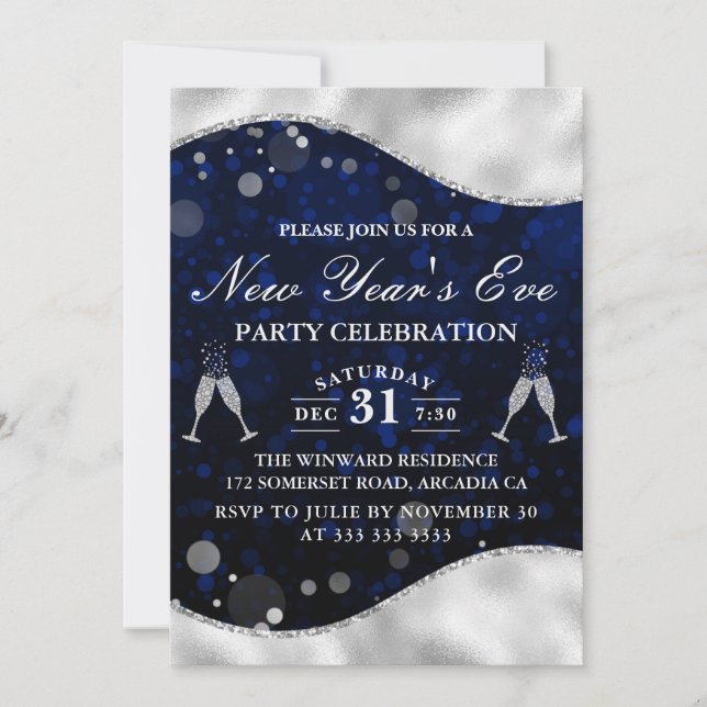 Invitation Bordure de vague bleue et argentée pour la fête du (Devant)