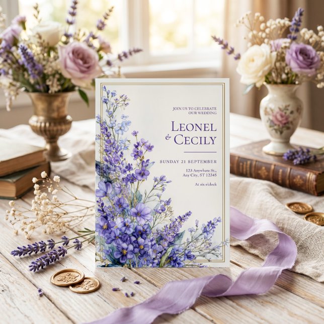 Invitation Bordure de verdure de lavande à l'aquarelle violet (Créateur téléchargé)