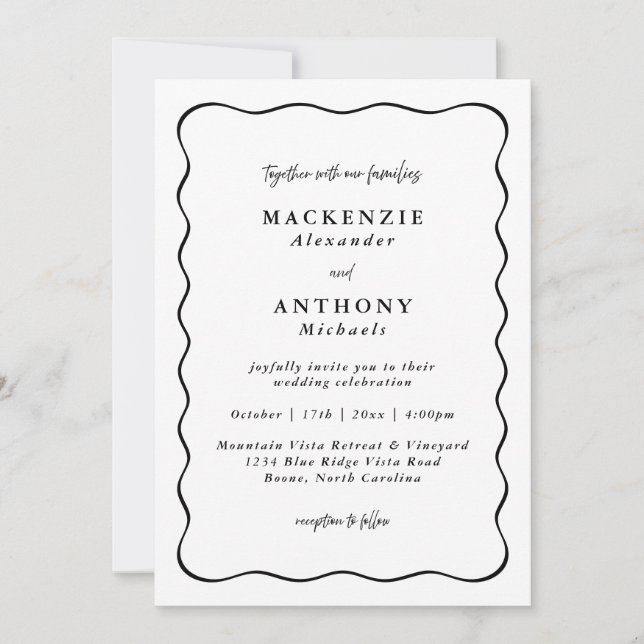 Invitation Bordure décontractée Mariage manuscrit noir vague (Devant)