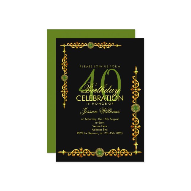 Invitation Bordure Décorative Élégante, Jeu Péridot Anniversa (Devant/Arrière en situation)