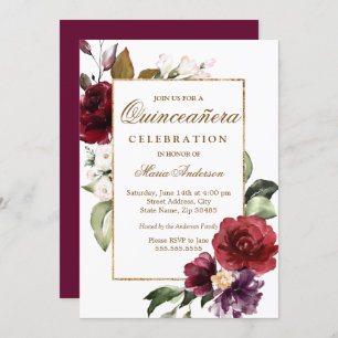 Invitation Bordure d'or floral de Bourgogne Quinceanera Party