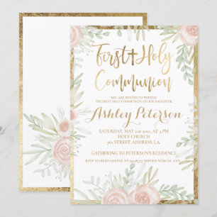 Invitation Bordure d'or floral rose Première communion sainte
